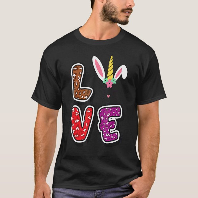 Kids Happy Easter Love Leopard Bunny Ears Funny Eg T-Shirt (Front)
