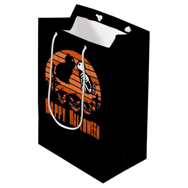 Kids Happy Halloween Skeleton Cat Retro Sunset Medium Gift Bag (Front Angled)