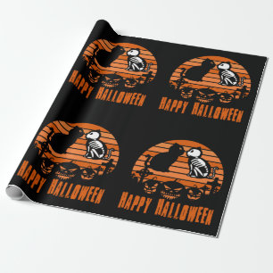 Kids Happy Halloween Skeleton Cat Retro Sunset Wrapping Paper