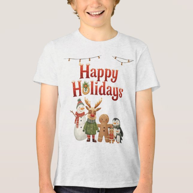 Kids Happy Holidays Festive Character T-Shirt Tri-Blend Shirt (Front)