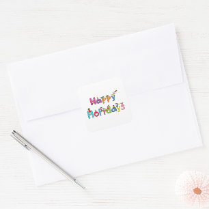 Kids Happy Holidays Stick Figure Typography Square Sticker