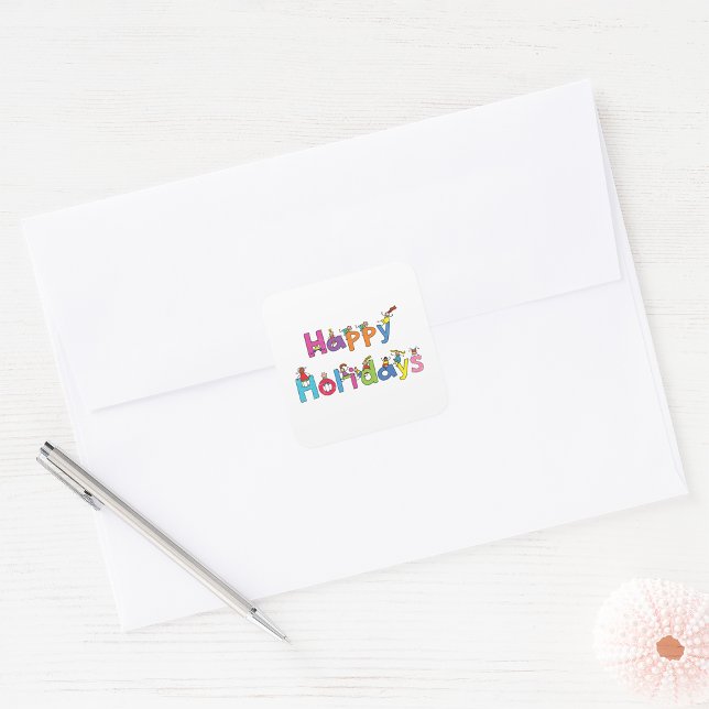 Kids Happy Holidays Stick Figure Typography Square Sticker (Creator Uploaded)