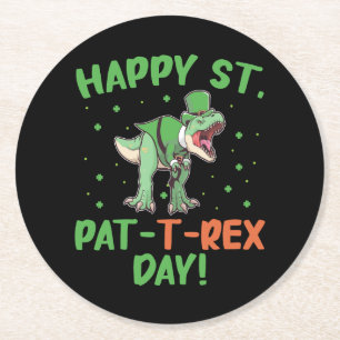 Kids Happy St Pat Trex Day Dino St Patricks Day  Round Paper Coaster