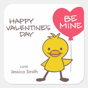Kids Happy Valentine's Day Duckling BE MINE Square Sticker
