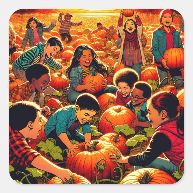 Kids having Fun at the Pumpkin Patch Halloween Square Sticker (Front)
