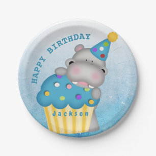 Kids Hippo Birthday Cupcake Sprinkles Personalised Paper Plate