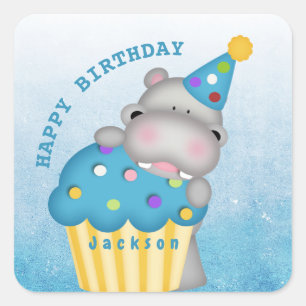 Kids Hippo Birthday Cupcake Sprinkles Personalised Square Sticker