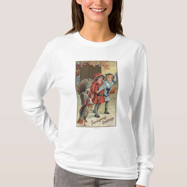 Kids Holding a Pumpkin, Turkeys T-Shirt (Front)