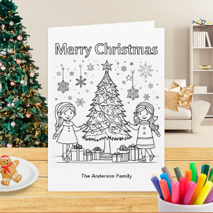 Kids Holiday Colouring Picture Tree Merry Christma Card
