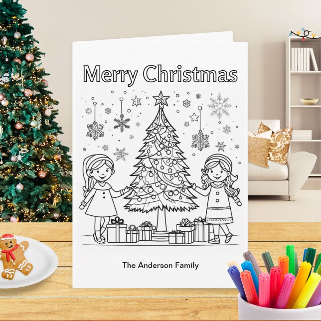Kids Holiday Colouring Picture Tree Merry Christma Card (A Christmas card for children to color in, with picture of two girls decorating a Christmas tree)
