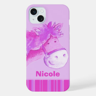 Kids horse pony purple pink stripes name iPhone 15 plus case