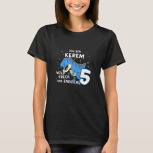 Kids I am Kerem finally 5 Blue Dino TRex Kids Germ T-Shirt