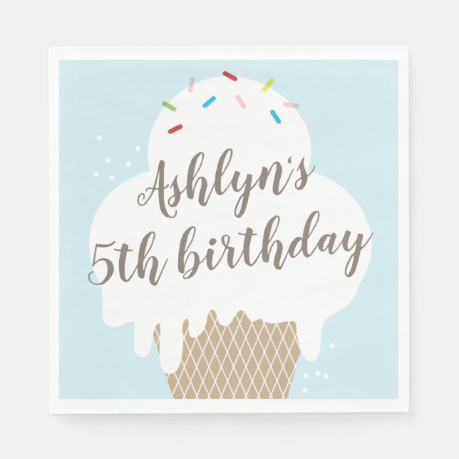 Kids ice cream cone blue birthday party napkin (Front)