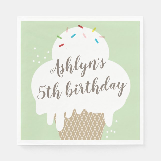 Kids ice cream cone green birthday party  napkin (Front)
