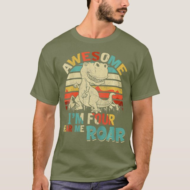Kids Im Four Hear me Roar Dinosaur Birthday Boy T-Shirt (Front)