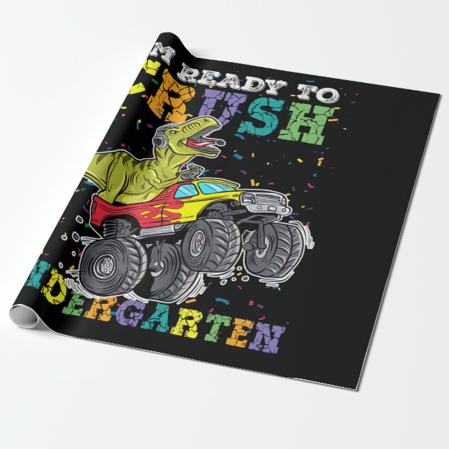 Kids I'm Ready To Crush Kindergarten Monster Truck Wrapping Paper (Unrolled)