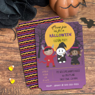 Kids in Costume Halloween Party Purple Invitations