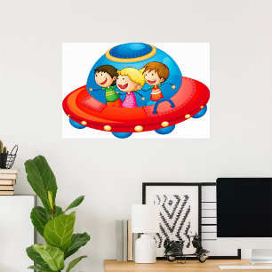 Kids in UFO Spaceship Space Adventure Poster