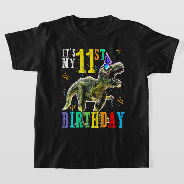Kids It's My 11st Birthday Happy 11 Year Dinosaur  T-Shirt (Laydown)