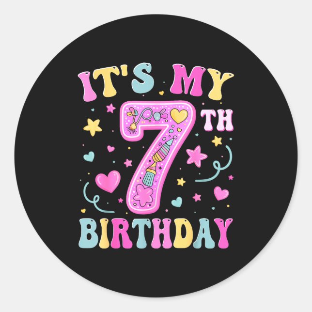 Kids It's My 7th Birthday Girl 7 Seven Happy Birth Classic Round Sticker (Front)