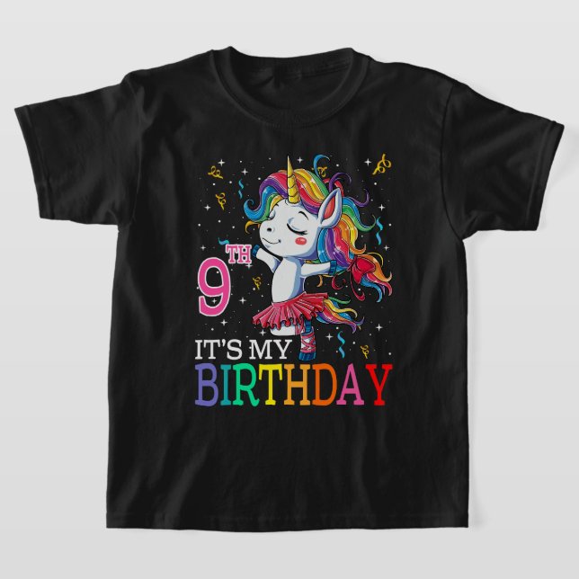 Kids It's My 9th Birthday Unicorn 9Year Old Girls T-Shirt (Laydown)