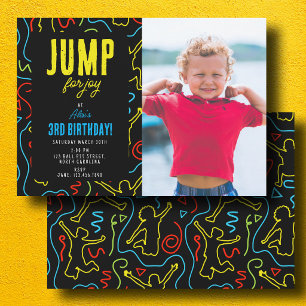 Kids Jump for Joy Black Neon Birthday Kids Photo Invitation