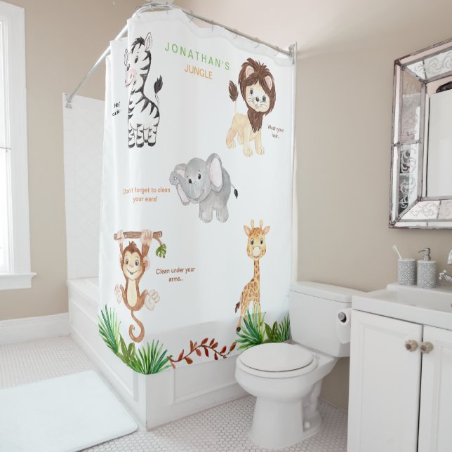 Kid's Jungle Animals Funny Custom Name White Shower Curtain (In Situ)