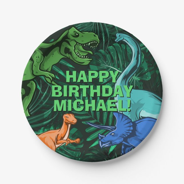 Kids Jurassic Dino Personalised Dinosaur Birthday Paper Plate (Front)