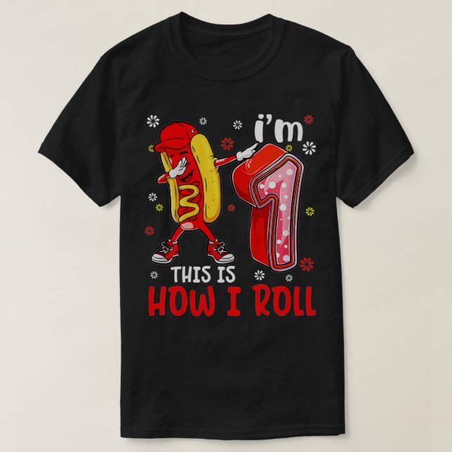 Kids Kid 1 year old Dabbing Hot Dog Birthday Boy H T-Shirt (Design Front)
