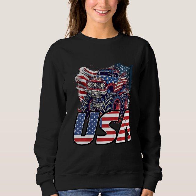 Kids Kid Monster Truck Toddler Boys American Flag  Sweatshirt (Front)
