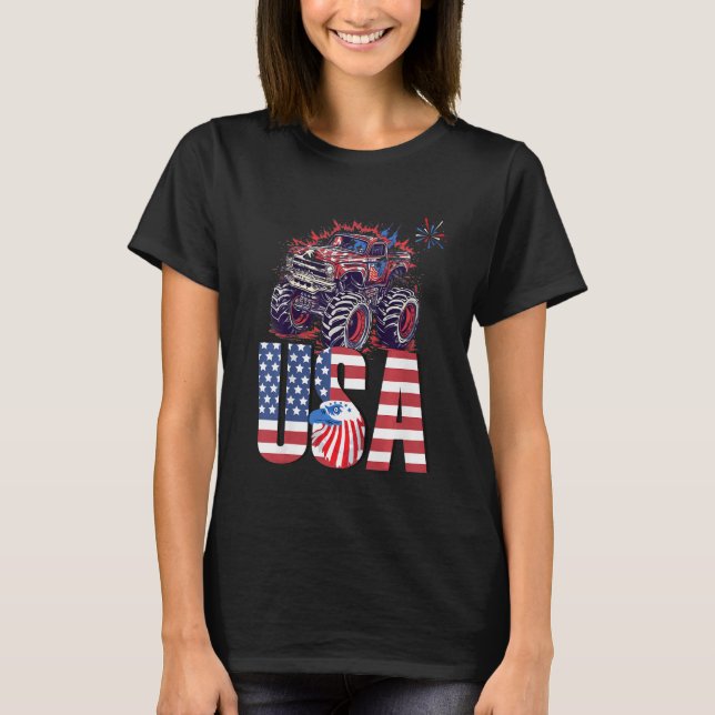 Kids Kid Monster Truck Toddler Boys American Flag  T-Shirt (Front)