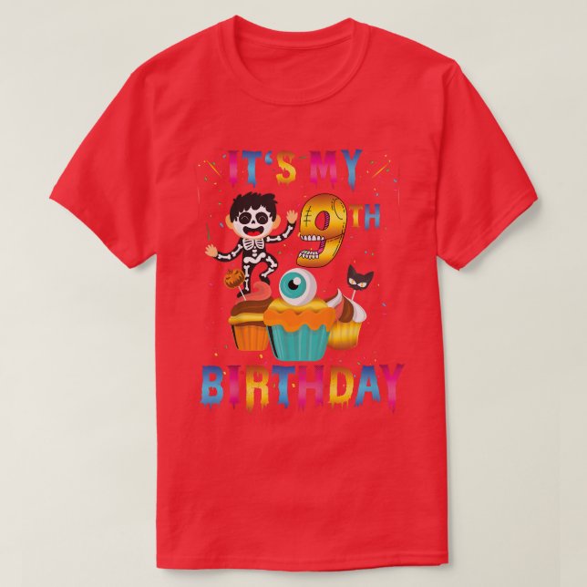 Kids Kids It's My 9th Birthday Ghost Skeleton Hall T-Shirt (Design Front)