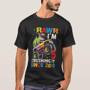 Kids Kids TRex Dinosaur Monster Truck 5th Birthday T-Shirt