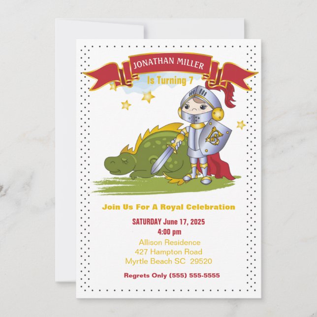 Kids Knight In Armour Dragon Birthday Party  Invitation (Front)