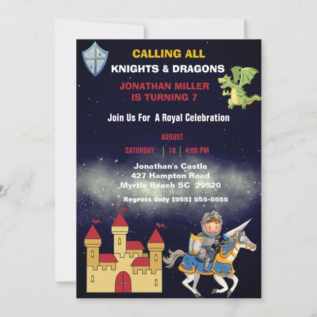 Kids Knight On Horse Dragon Birthday Party  Invitation (Front)