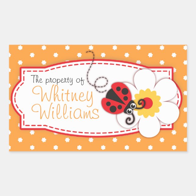 kids ladybug book plate or id name orange sticker (Front)