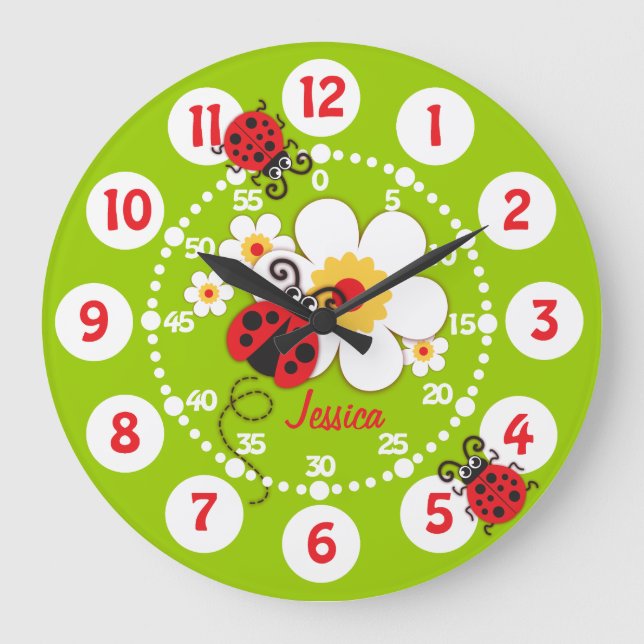 Kids ladybug & flower cute green girls wall clock (Front)