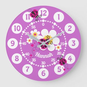 Kids ladybug & flower pink purple girls wall clock