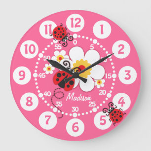 Kids ladybug & flowers cute pink girls wall clock