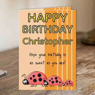 Kids ladybugs add name orange birthday card