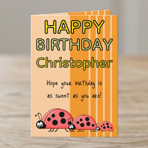 Kids ladybugs add name orange birthday card