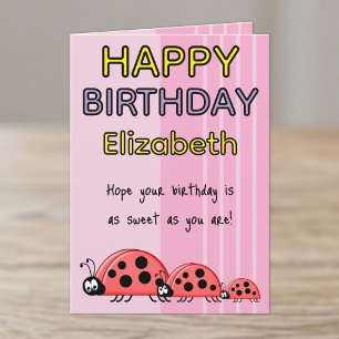 Kids ladybugs add name pink birthday card