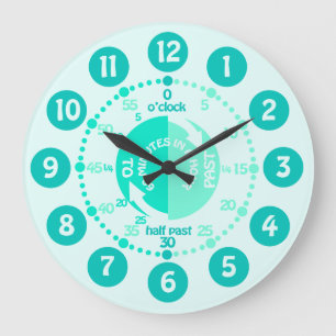 Kids learn to tell time green mint aqua wall clock