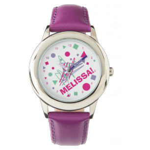 Kid's Leather Strap Dots Triangles Squares Name Watch