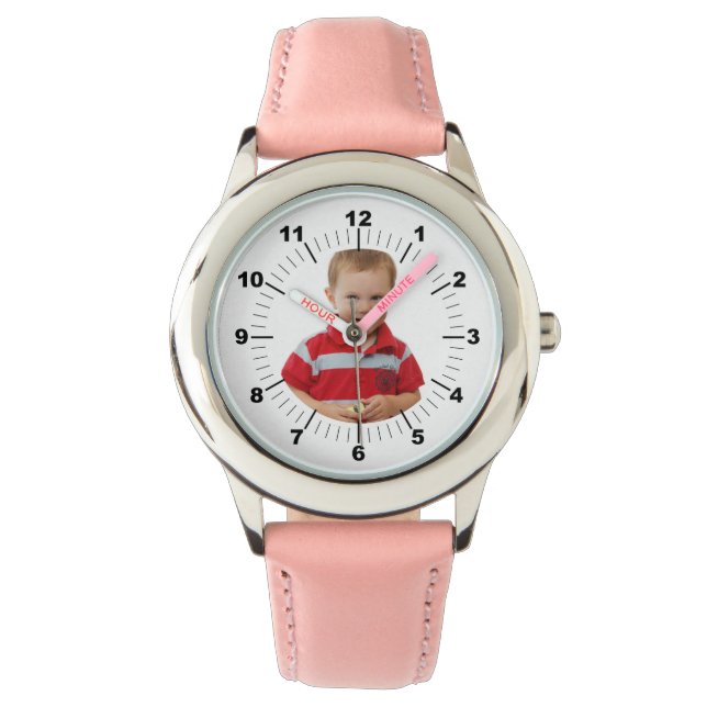 Kid's Leather Strap Watch - Personalised - Pink (Front)