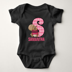 Kids Letter S Monogram Pink Argyle Squirrel Baby Bodysuit