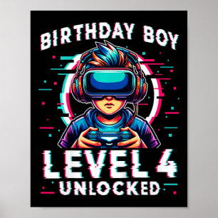 Kids Level 4 Unlocked 4 Years Old Birthday Gamer F Poster
