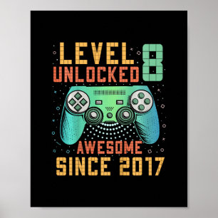 Kids Level 8 Unlocked 8th Birthday 8 Year Old Boy  Poster