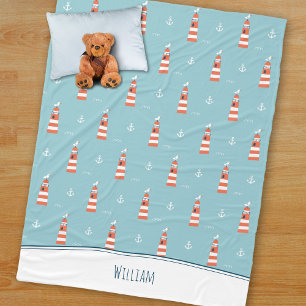 Kids Lighthouse and Anchor Pattern on Blue Fleece Blanket