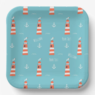 Kids Lighthouse and Anchor Pattern on Blue Paper Plate